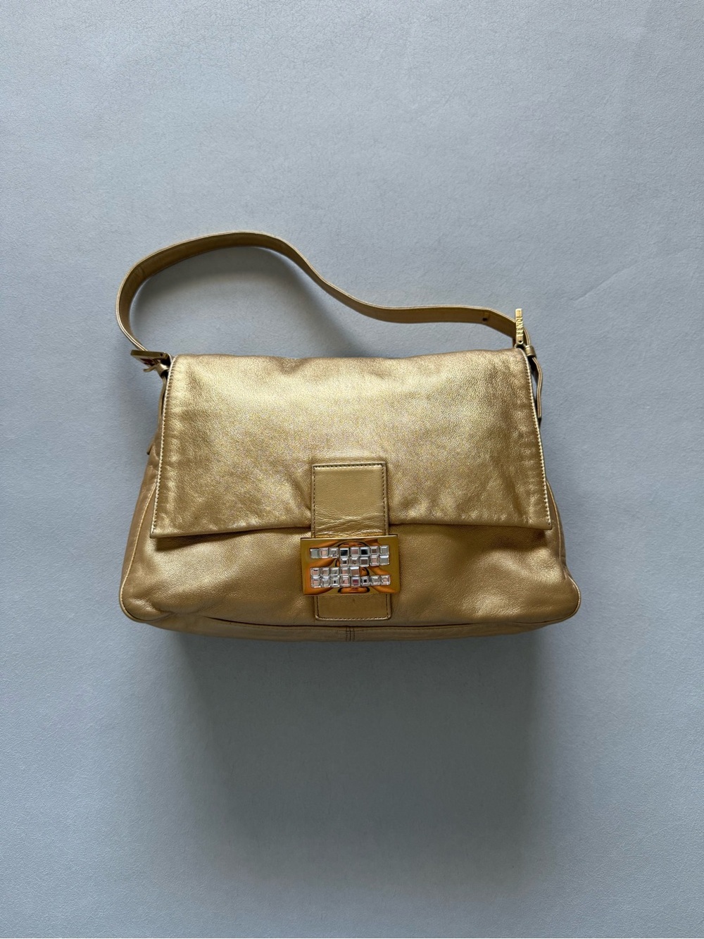 Fendi Gold Leather Mamma Baguette Bag w Crystal Buckle